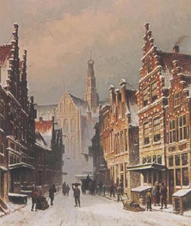 Eduard Alexander Hilverdink A snowy view of the Smedestraat, Haarlem